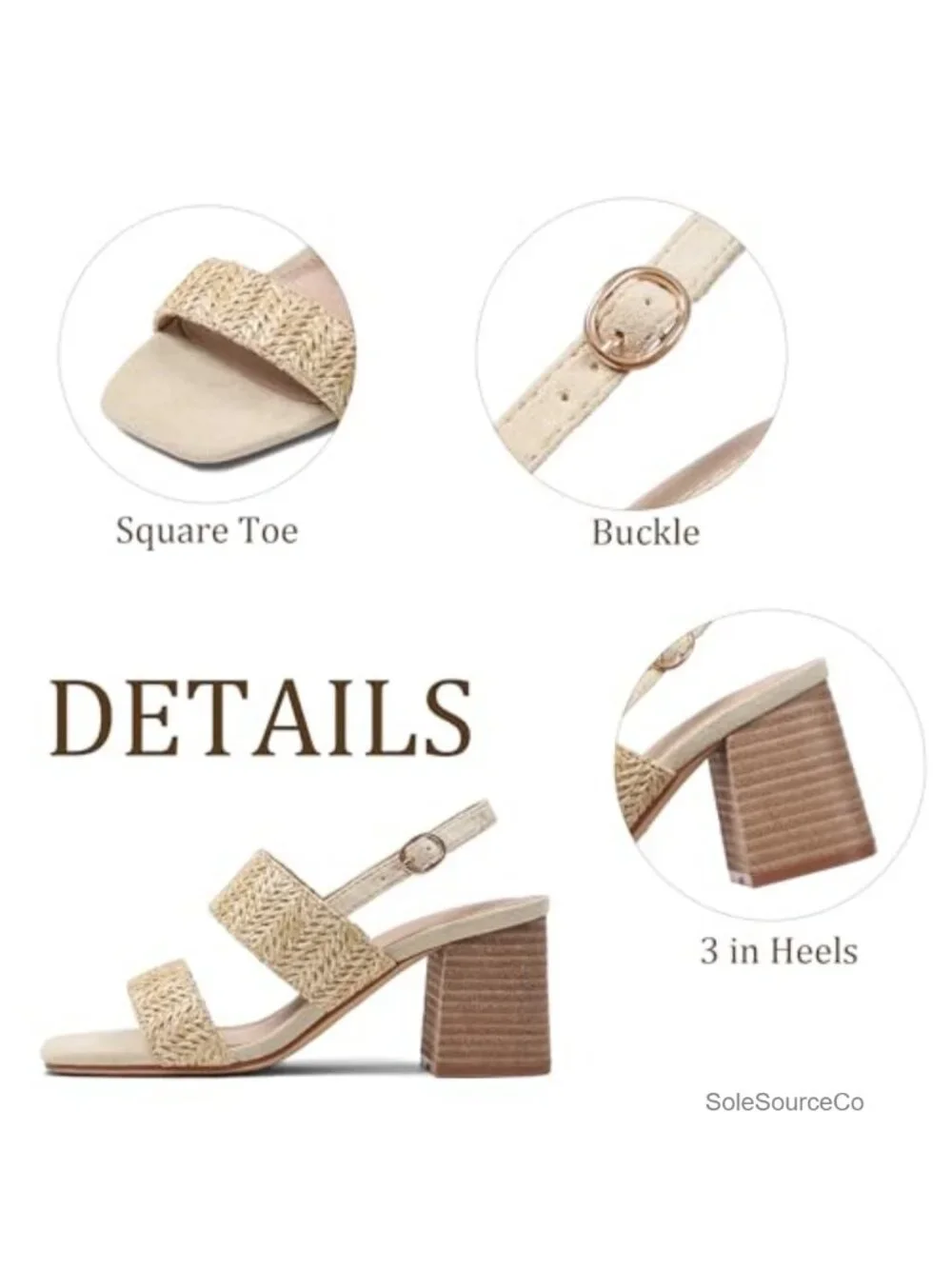 Raffia Block Heel Sandals Square Open Toe Ankle Strap Casual Dress Heels